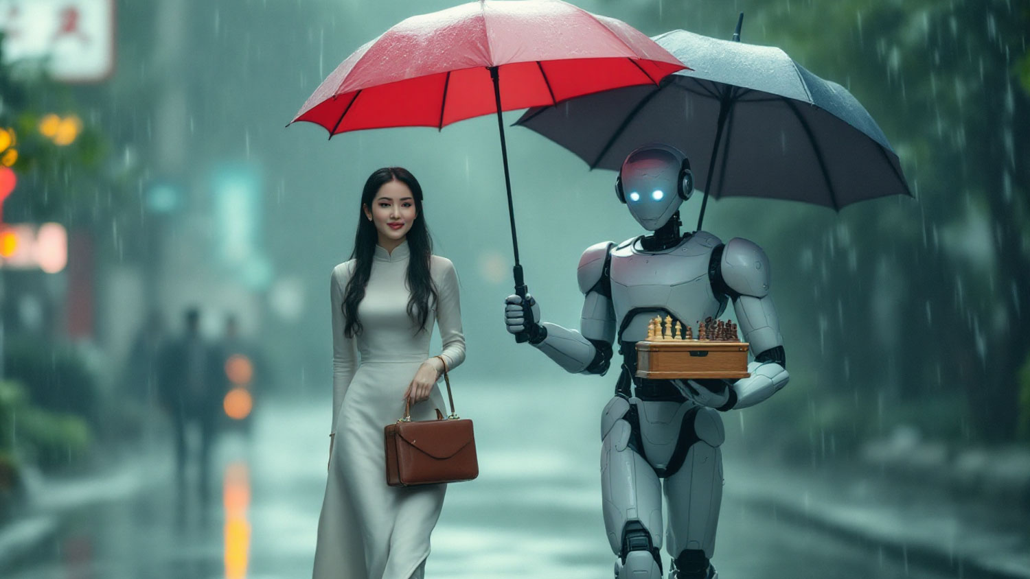 AI robot in rain